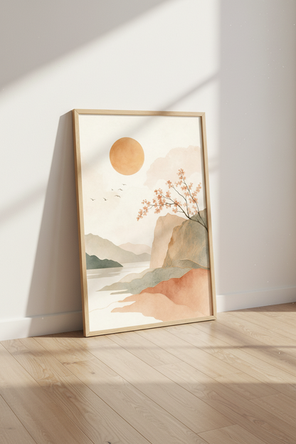 Japandi Mountain Landscape | Terracotta Sun, Zen Minimalist Boho Room Decor