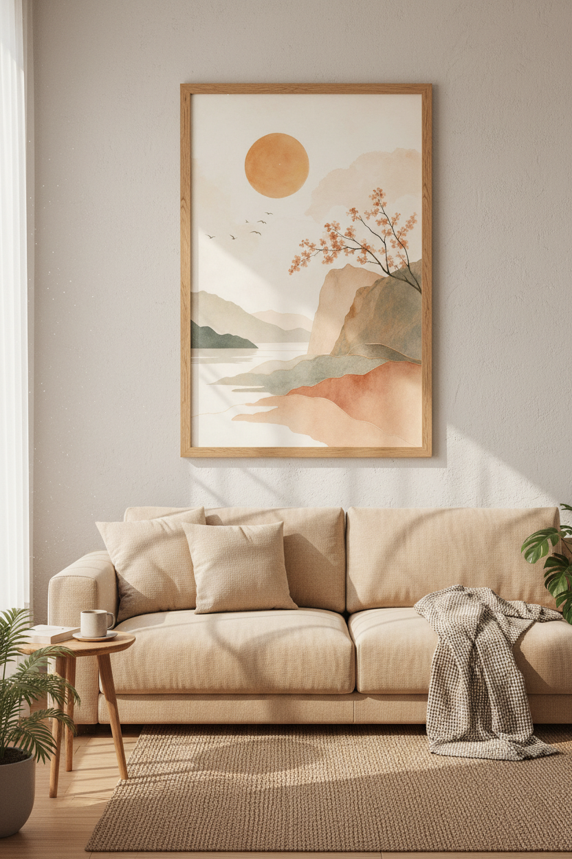 Japandi Mountain Landscape | Terracotta Sun, Zen Minimalist Boho Room Decor