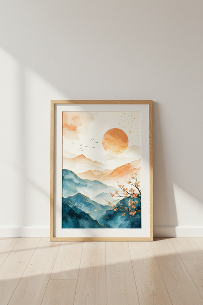 Japanese Mountain Landscape | Navy &amp; Gold Watercolor, Japandi Wall Art