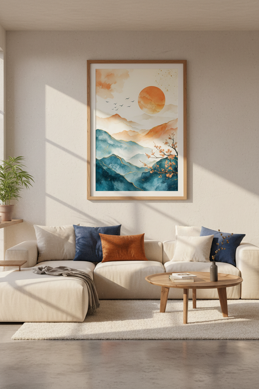 Japanese Mountain Landscape | Navy &amp; Gold Watercolor, Japandi Wall Art