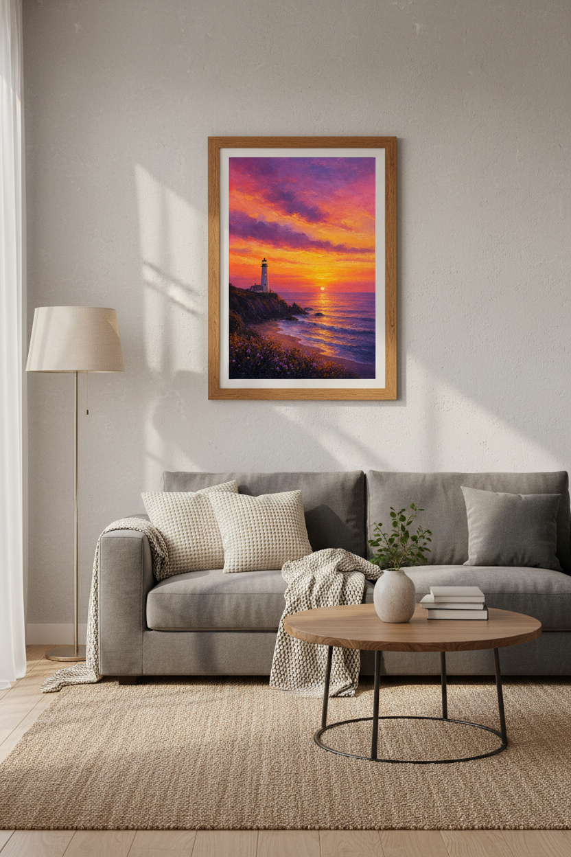 Lighthouse Sunset Wall Art | Coastal Impressionist Purple Gold, Living Room Decor