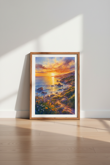 Coastal Sunset Watercolor Print | Beach House Wall Art | Golden Hour Poster