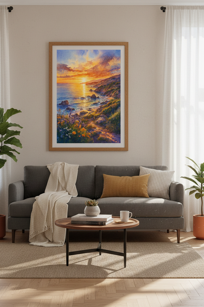 Coastal Sunset Watercolor Print | Beach House Wall Art | Golden Hour Poster
