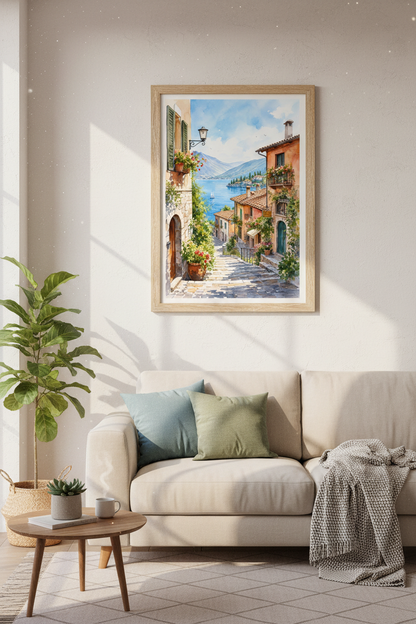 Italian Village Lake Como Art | Watercolor Coastal Print, Mediterranean Decor