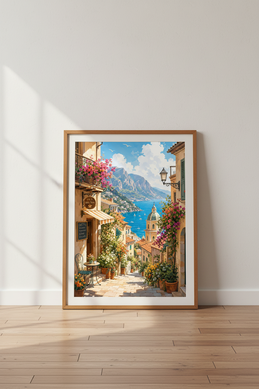Amalfi Coast Italy Wall Art Print | Mediterranean Cafe Decor | Vibrant Coastal Poster