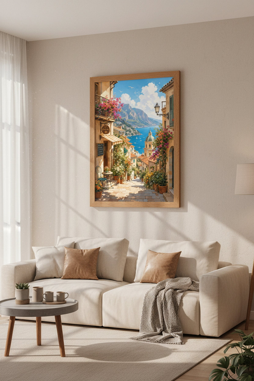 Amalfi Coast Italy Wall Art Print | Mediterranean Cafe Decor | Vibrant Coastal Poster