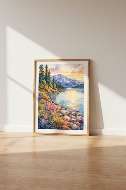 Mountain Lake Sunset Watercolor Art | Nature Landscape Print, Living Room Decor