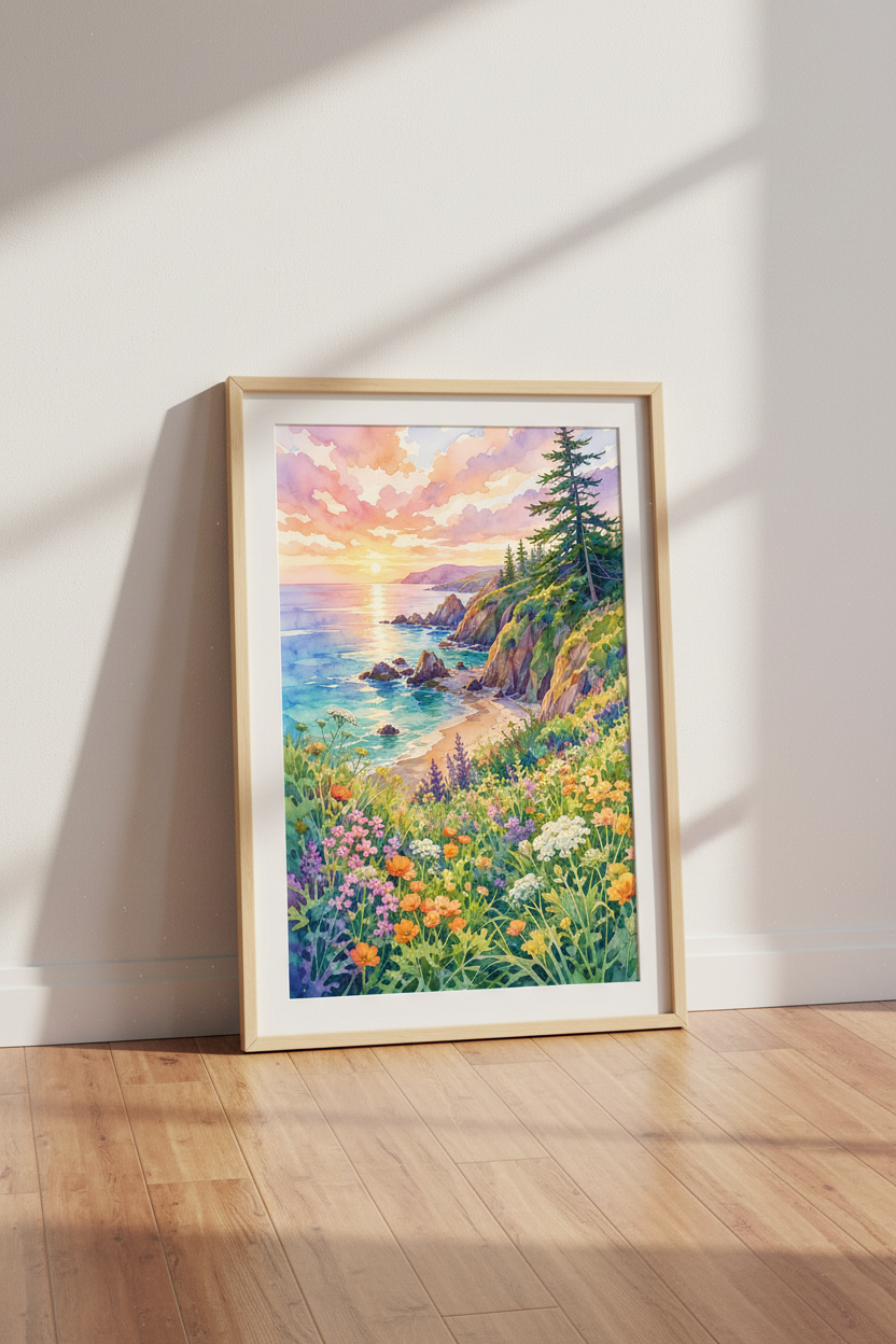Coastal Sunset Landscape Watercolor | Pastel Beach Floral Art, Living Room Decor