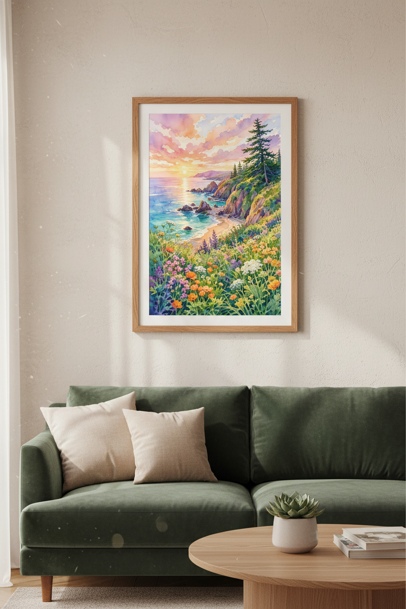 Coastal Sunset Landscape Watercolor | Pastel Beach Floral Art, Living Room Decor