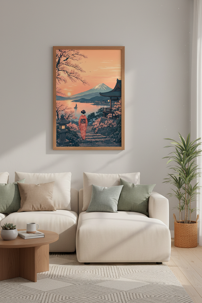 Mt Fuji Landscape Wall Art | Japanese Ukiyo-e Sunset Print, Zen Home Decor