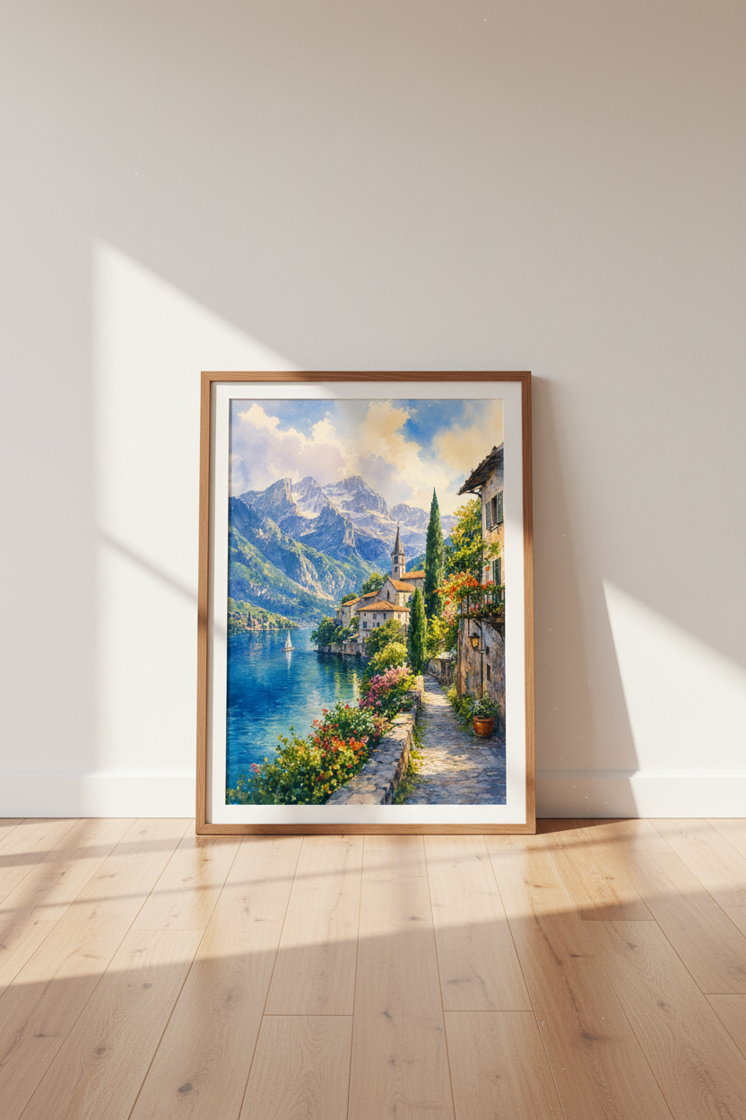 Lake Como Watercolor Wall Art Print | Italy Landscape Decor | Mediterranean Poster