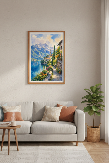 Lake Como Watercolor Wall Art Print | Italy Landscape Decor | Mediterranean Poster