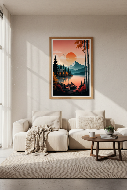 Mountain Lake Cabin Wall Art | Rustic Sunset Landscape Print | Modern Nature Poster