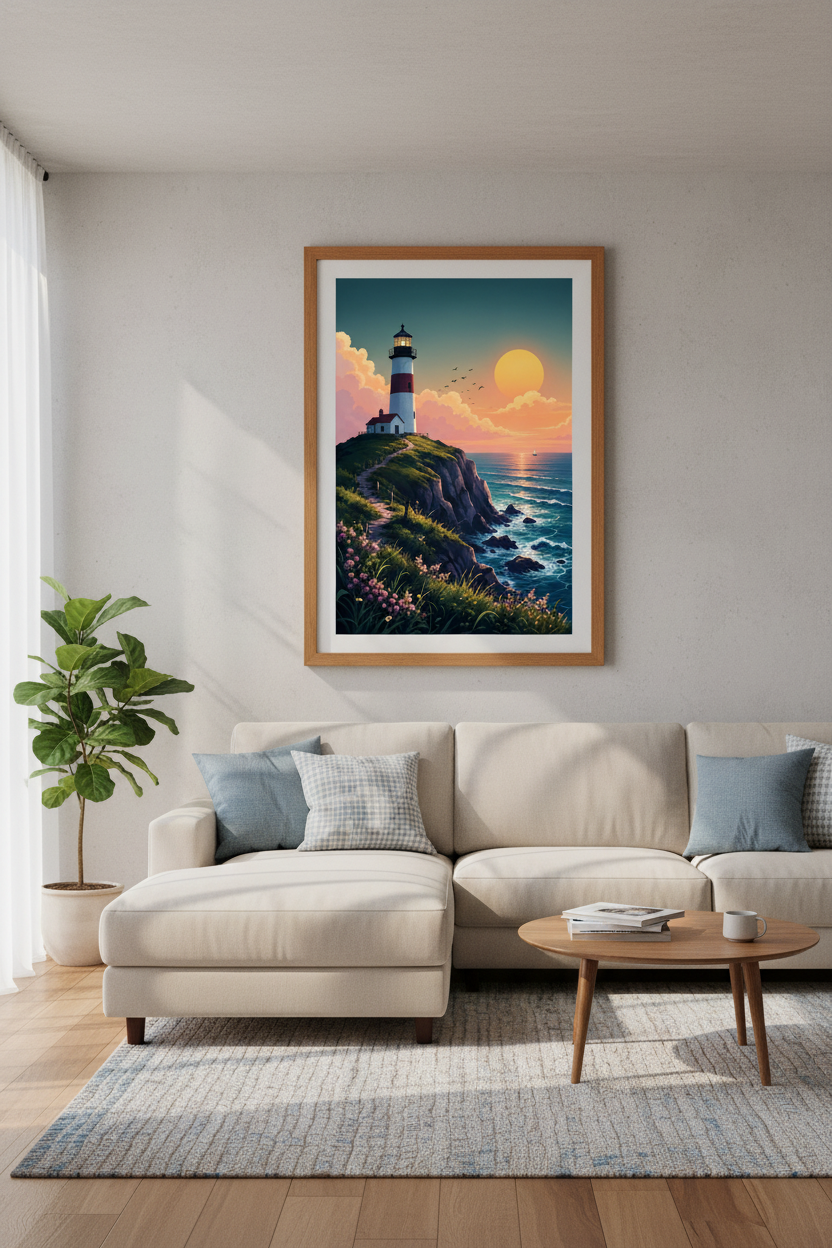 Lighthouse Sunset Wall Art | Coastal Ocean Landscape, Beach House Decor