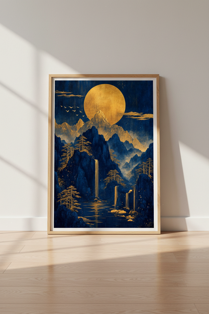 Golden Moon Mountain Wall Art | Indigo Navy Landscape Decor | Japanese Style Poster