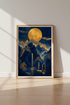 Golden Moon Mountain Wall Art | Indigo Navy Landscape Decor | Japanese Style Poster