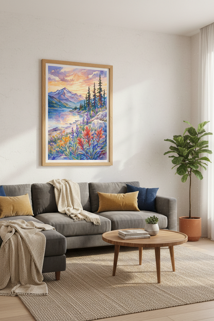 Mountain Lake Landscape | Watercolor Wildflower Sunset Print, Nature Wall Decor