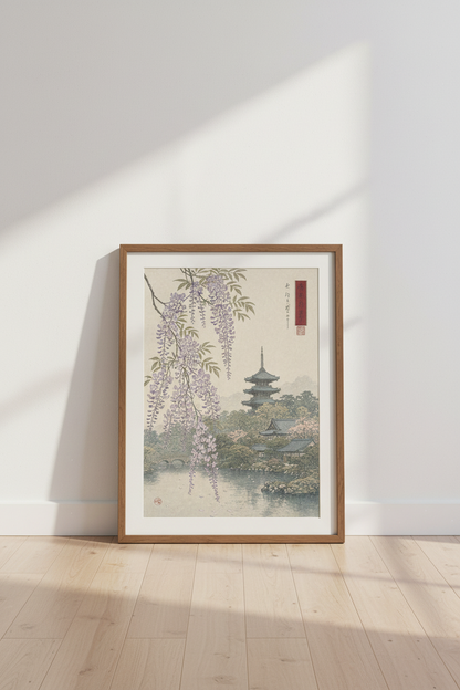 Japanese Wisteria Garden | Vintage Ukiyo-e Pagoda Print, Zen Living Room Art