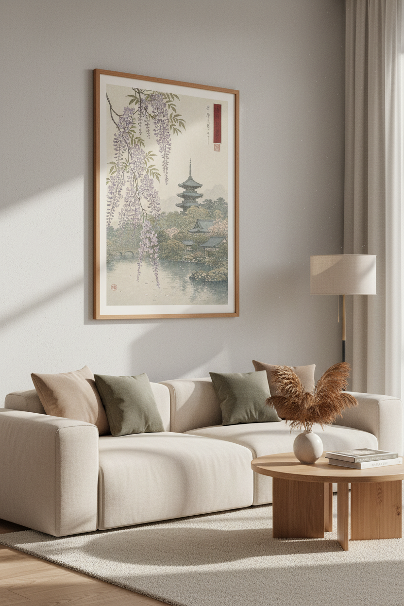 Japanese Wisteria Garden | Vintage Ukiyo-e Pagoda Print, Zen Living Room Art