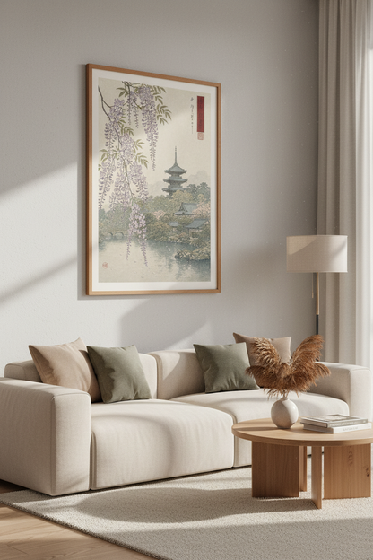 Japanese Wisteria Garden | Vintage Ukiyo-e Pagoda Print, Zen Living Room Art