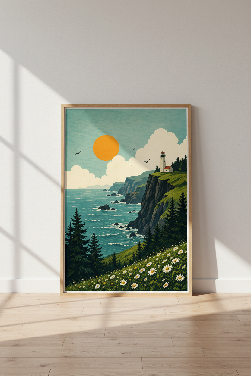 Lighthouse Coastal Landscape | Retro Nature Poster, Living Room Decor Art