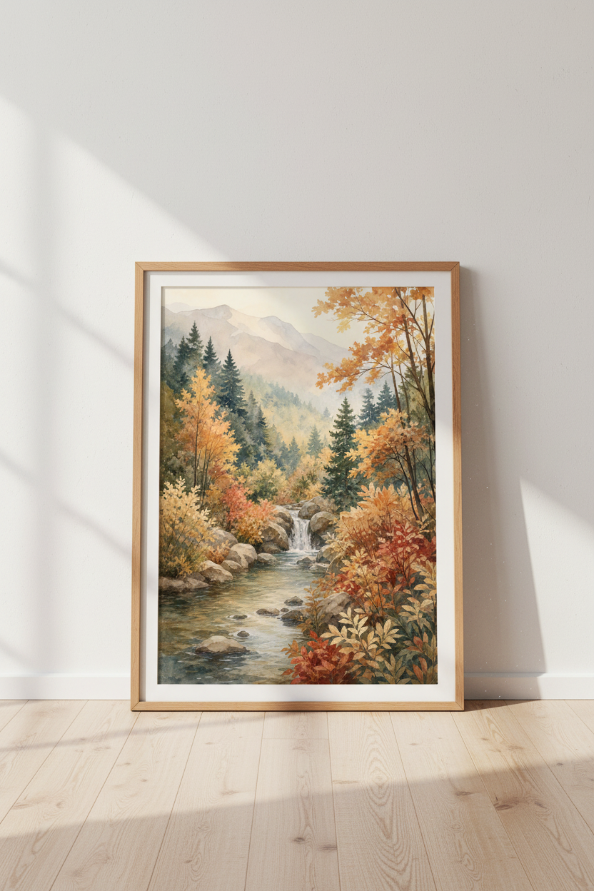 Autumn Mountain Stream | Watercolor Forest Landscape, Nature Wall Art Print