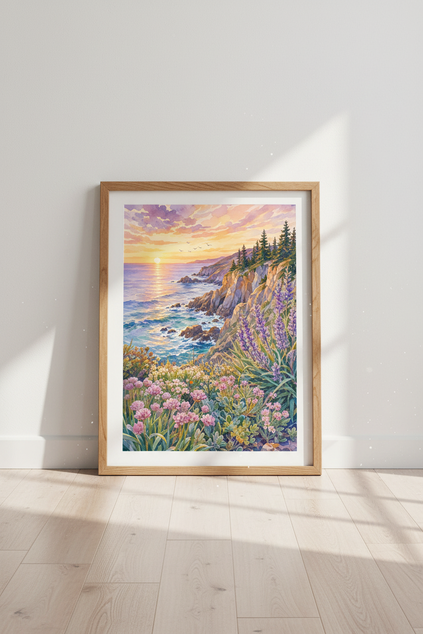 Coastal Sunset Watercolor Wall Art | Ocean Cliff Pastel Decor | Beach House Poster