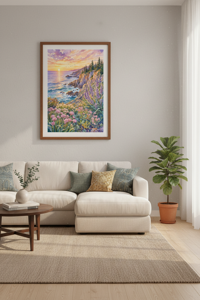 Coastal Sunset Watercolor Wall Art | Ocean Cliff Pastel Decor | Beach House Poster