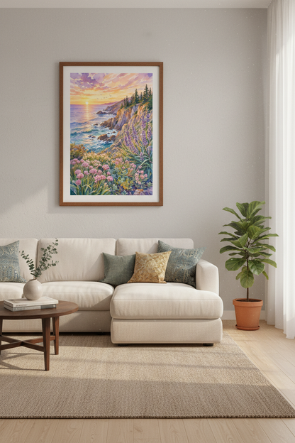 Coastal Sunset Watercolor Wall Art | Ocean Cliff Pastel Decor | Beach House Poster