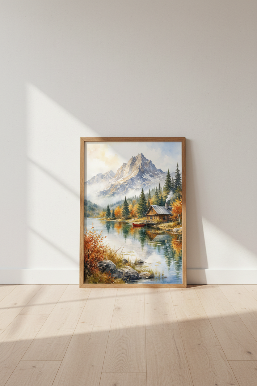 Mountain Lake Cabin Watercolor Art | Rustic Landscape Print, Fall Lake Decor