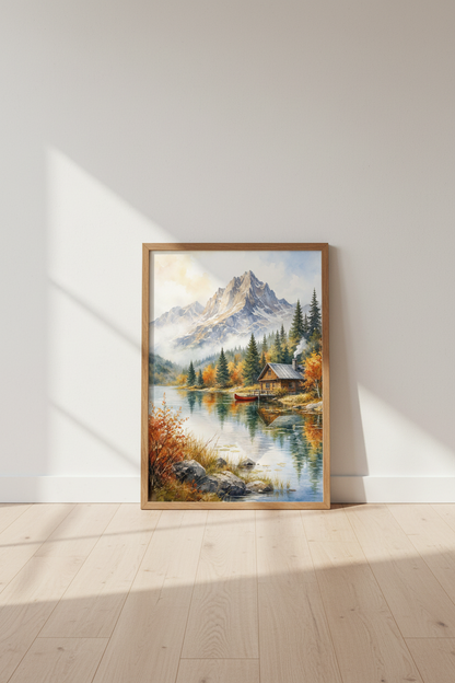 Mountain Lake Cabin Watercolor Art | Rustic Landscape Print, Fall Lake Decor