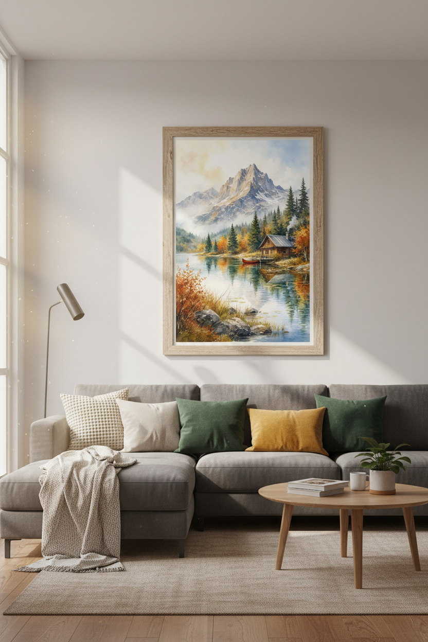 Mountain Lake Cabin Watercolor Art | Rustic Landscape Print, Fall Lake Decor