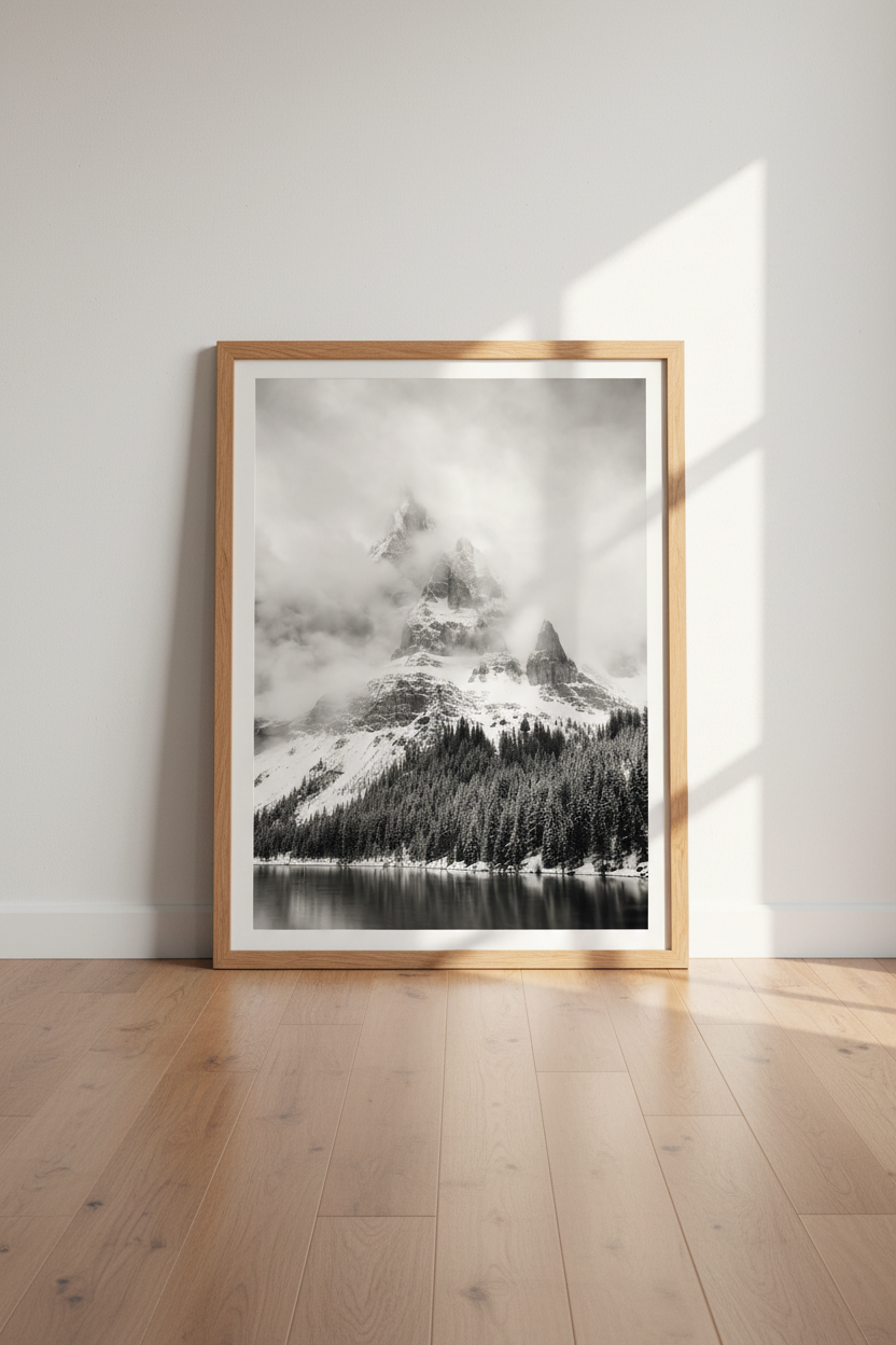 Cloudy Mountain Peak | Black and White Landscape, Modern Minimalist Wall Art