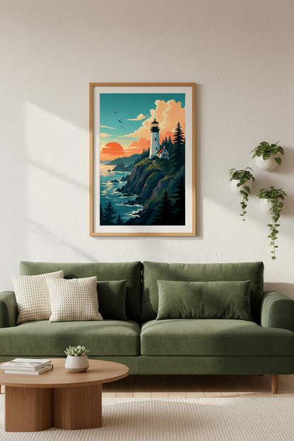 Lighthouse Sunset Wall Art | Nautical Coastal Print, Living Room Decor