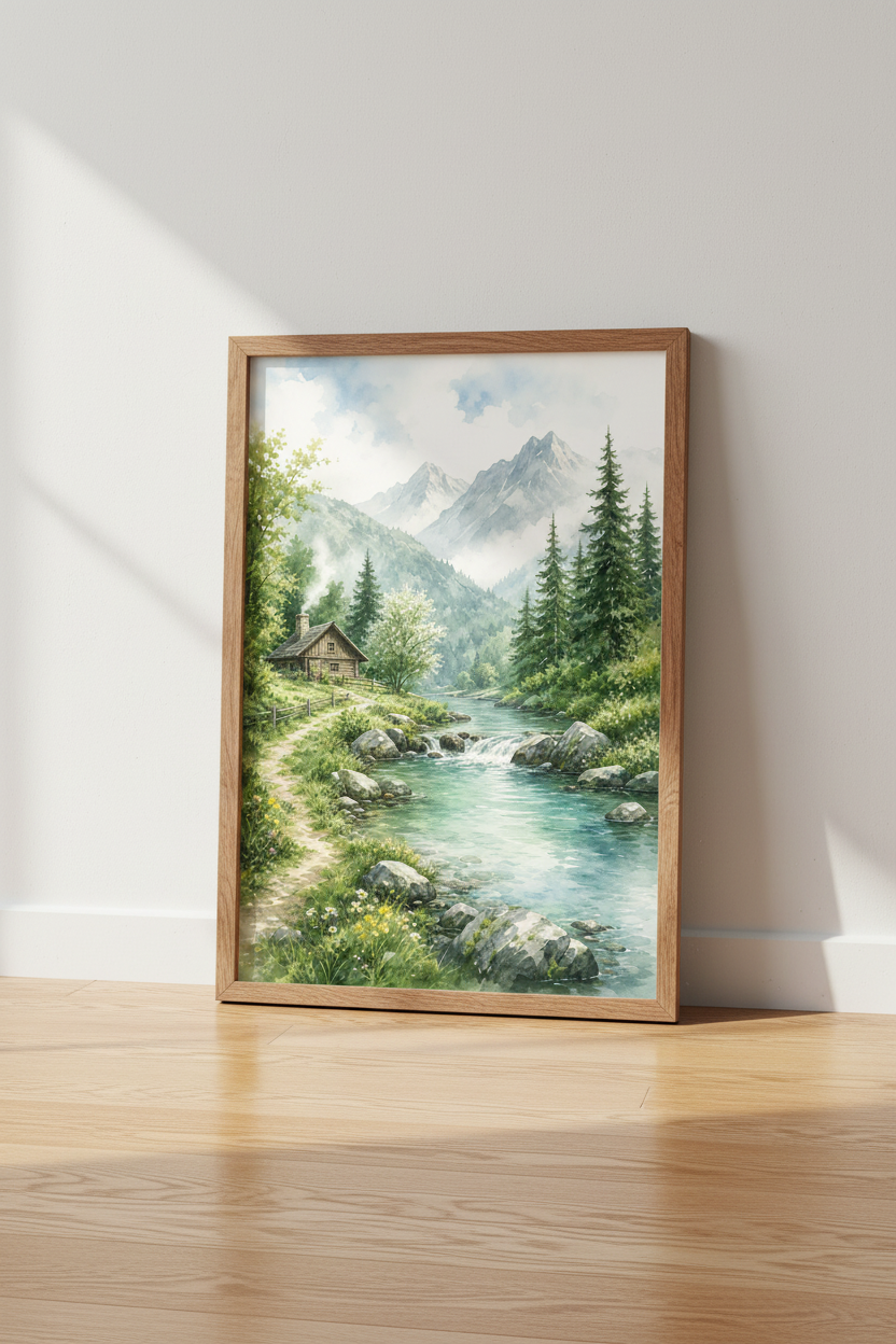 Mountain Cabin Watercolor Art | River Landscape Decor | Rustic Nature Poster