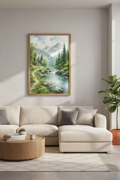 Mountain Cabin Watercolor Art | River Landscape Decor | Rustic Nature Poster