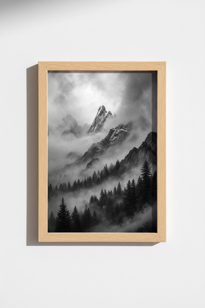 Mountain Landscape Print | Black and White Foggy Nature, Minimalist Modern Wall Art Poster