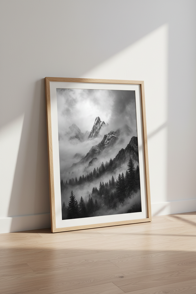 Mountain Landscape Print | Black and White Foggy Nature, Minimalist Modern Wall Art Poster