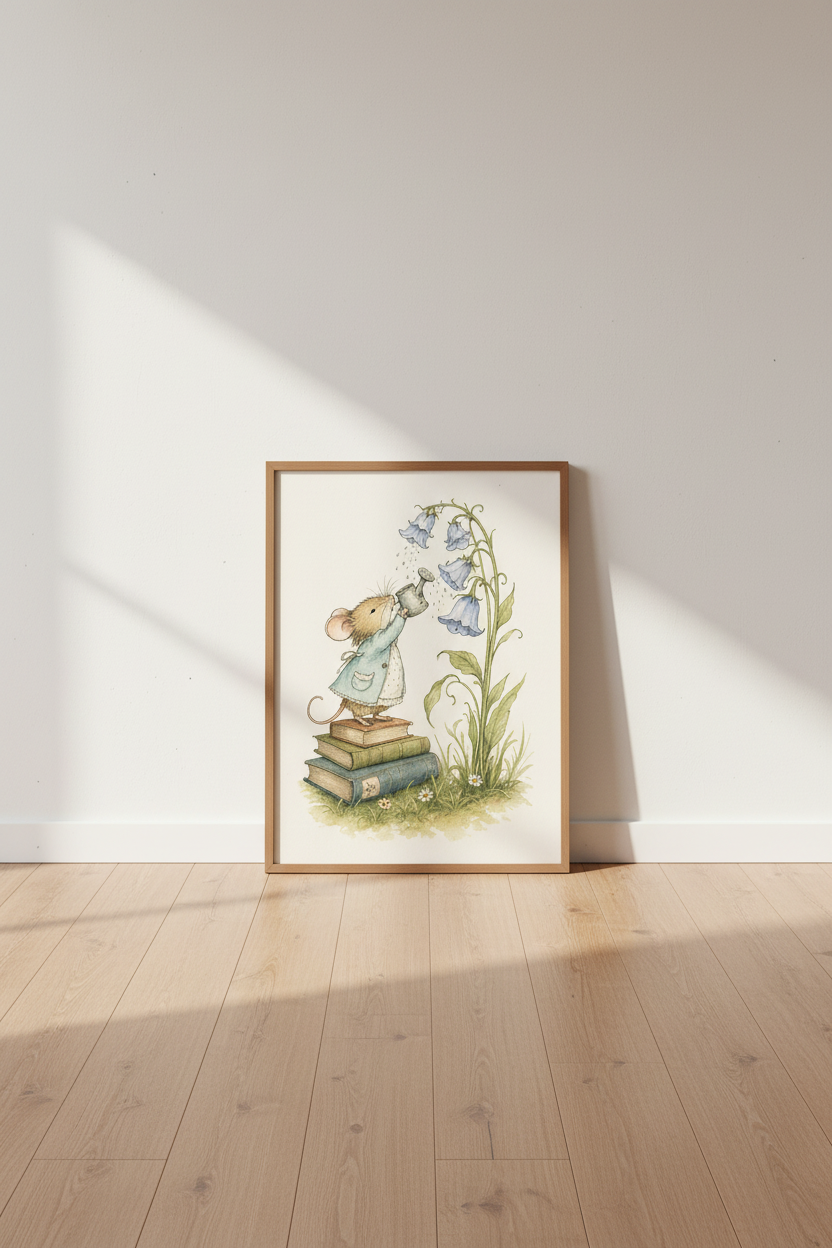 Mouse &amp; Bluebells Watercolor Art | Nursery Decor | Whimsical Storybook Poster