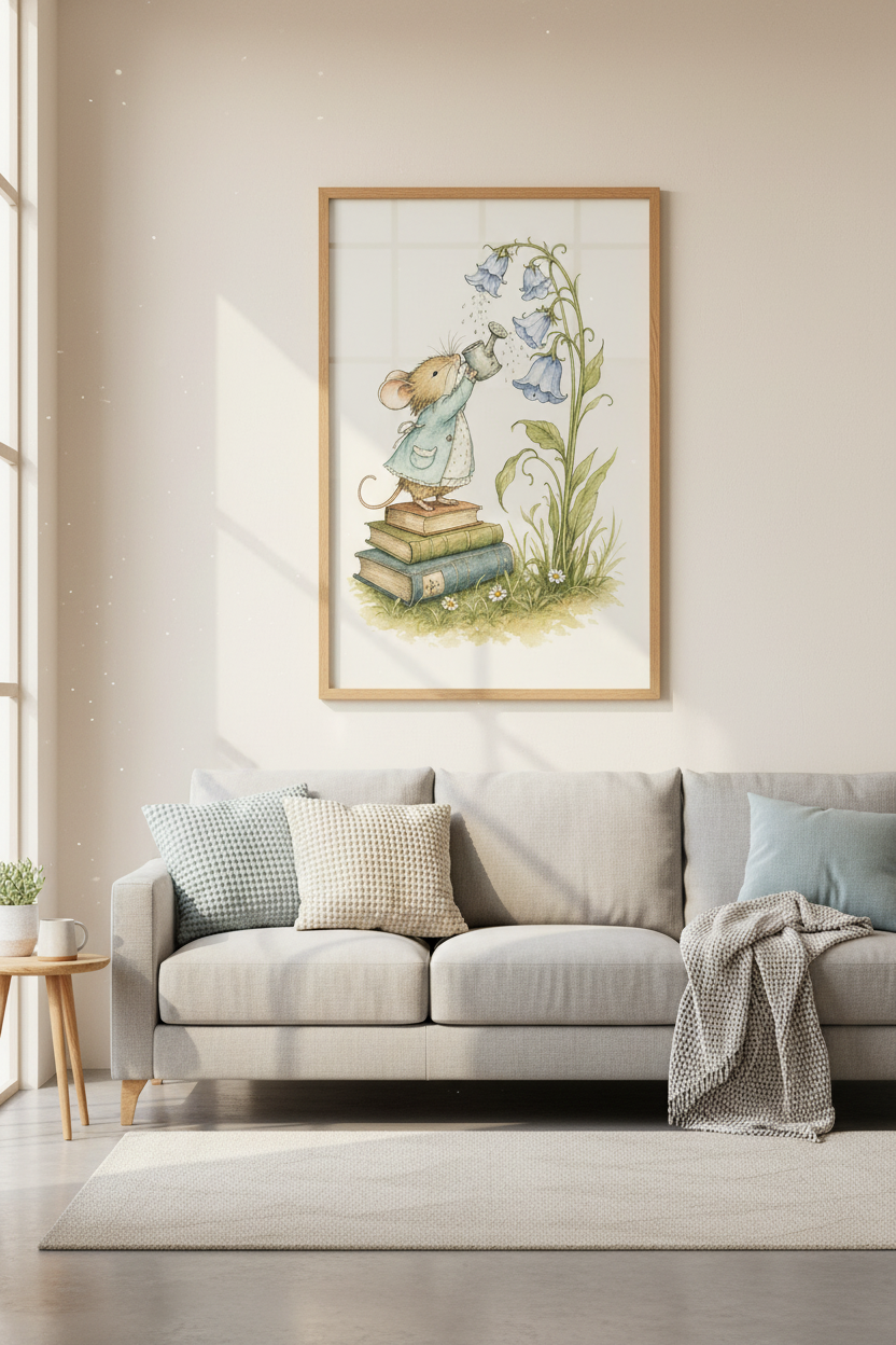 Mouse &amp; Bluebells Watercolor Art | Nursery Decor | Whimsical Storybook Poster