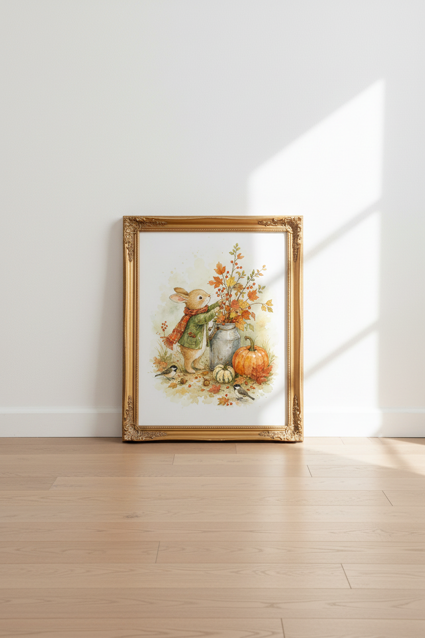 Rabbit Autumn Wall Art Print | Watercolor Bunny, Fall Nursery Decor Aesthetic
