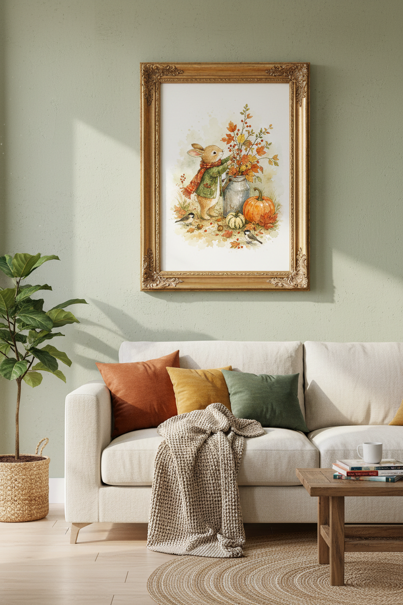 Rabbit Autumn Wall Art Print | Watercolor Bunny, Fall Nursery Decor Aesthetic