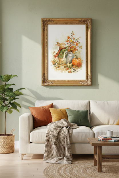 Rabbit Autumn Wall Art Print | Watercolor Bunny, Fall Nursery Decor Aesthetic