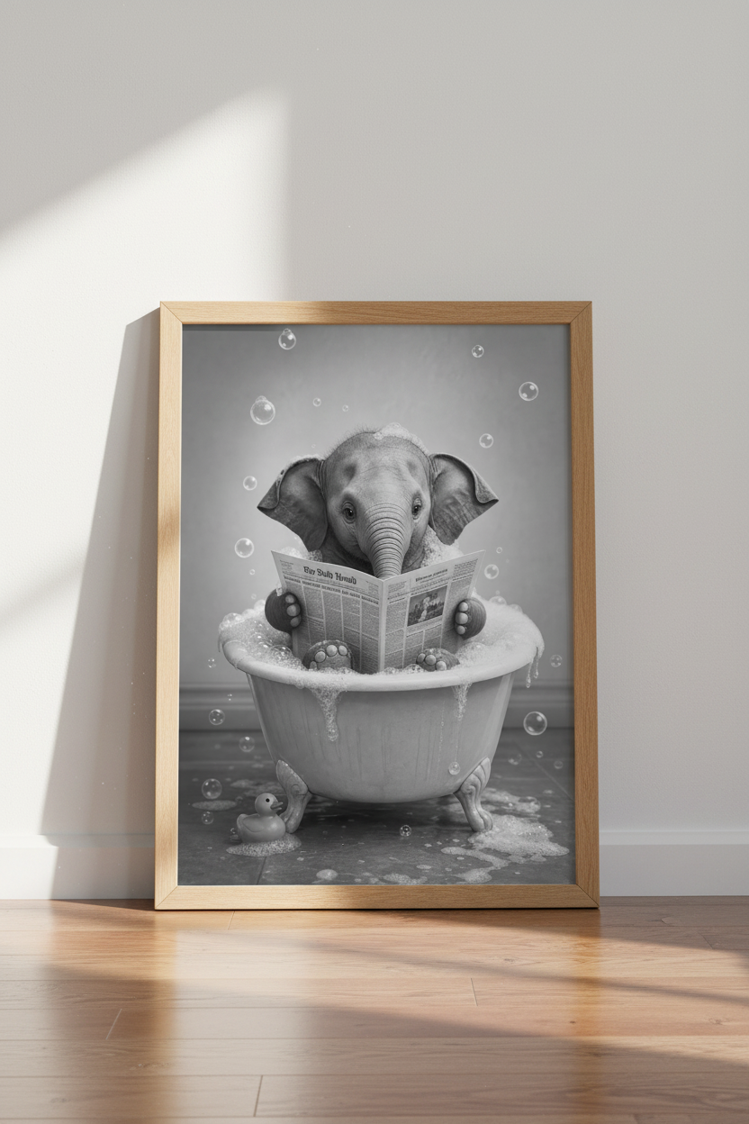 Baby Elephant in Bathtub Wall Art | Funny Bathroom Decor | Black and White Poster