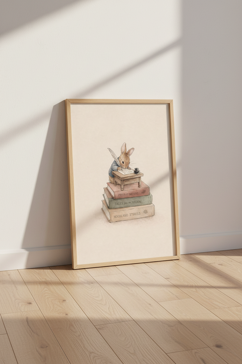 Writing Rabbit Wall Art Print | Nursery Library Decor | Vintage Storybook Poster