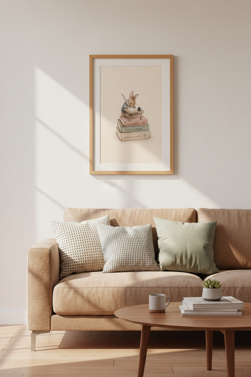 Writing Rabbit Wall Art Print | Nursery Library Decor | Vintage Storybook Poster