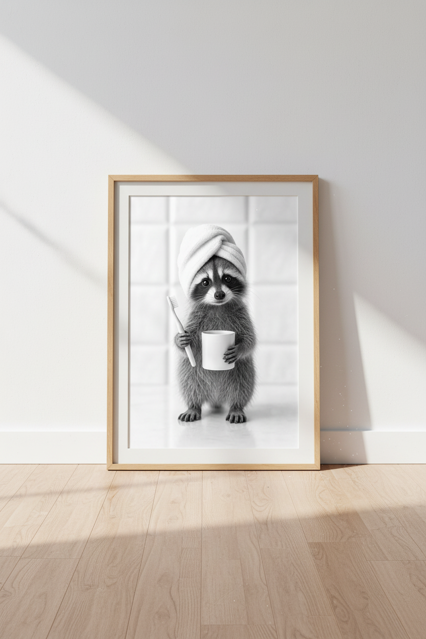 Raccoon Brushing Teeth Wall Art | Funny Bathroom Decor | Black and White Poster