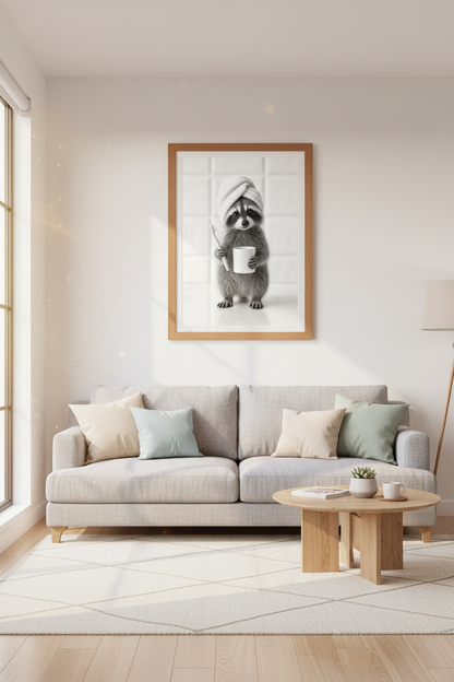 Raccoon Brushing Teeth Wall Art | Funny Bathroom Decor | Black and White Poster