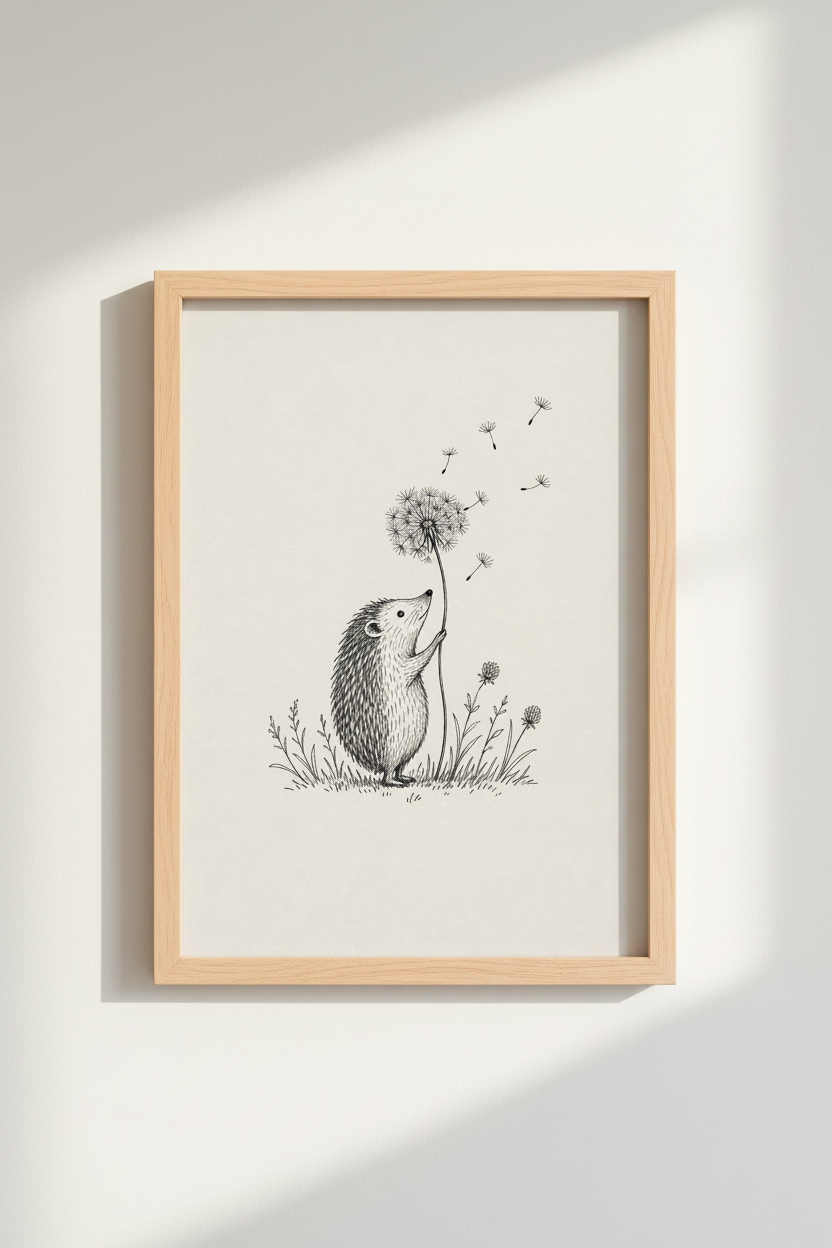 Hedgehog &amp; Dandelion Art | Whimsical Ink Sketch Poster, Nursery &amp; Kids Decor