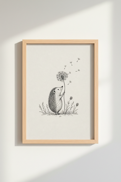 Hedgehog &amp; Dandelion Art | Whimsical Ink Sketch Poster, Nursery &amp; Kids Decor